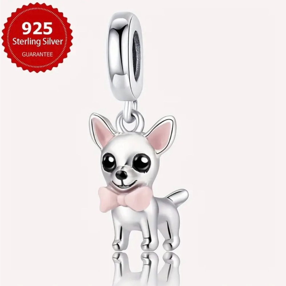 Sterling Silver Chihuahua Dog Charm with Pink Bow